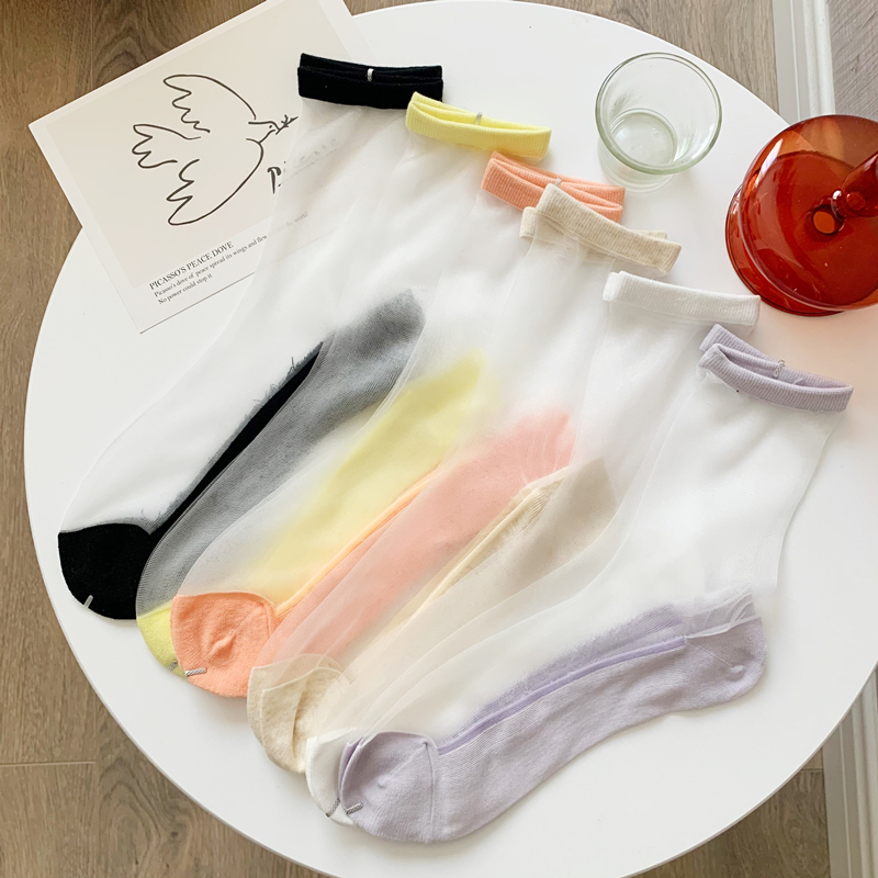 Japanese-Style Solid Color Glass Silk Socks, Transparent Invisible Short Socks, Spring and Summer Ultra-Thin Breathable Sweat-Absorbing Cotton-Soled Mid-Calf Socks for Women
