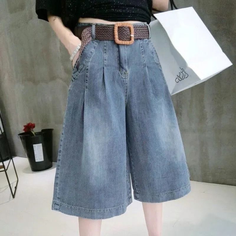 Over-The-Knee Denim Shorts for Women, Summer Thin High-Waisted Drapey Six-Point Pants, Versatile Loose Slimming Pants 2026