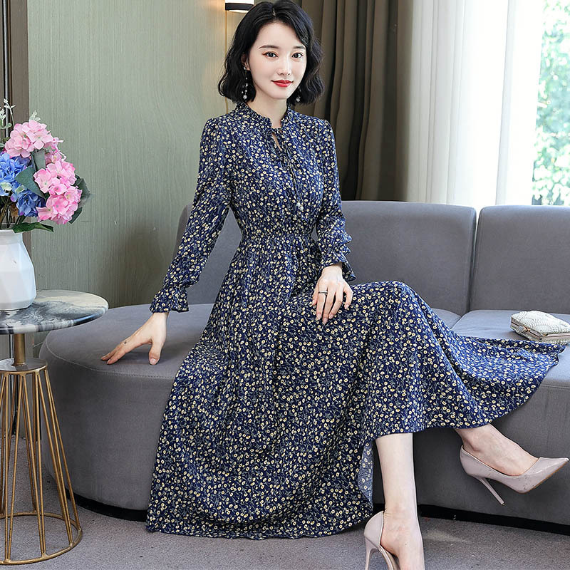 Floral Chiffon Dress for Women, Spring and Autumn Long-Sleeved 2025 New Style, Slim Fit, Elegant, Plus Size, Long Printed Dress