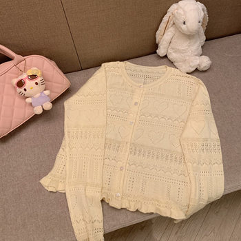 Emilyying's new fall and winter product, creamy yellow, gentle wool, hollow pattern, thin knitted sweater cardigan