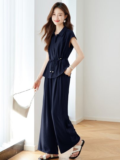 Old Money Style Fashion Suit for Women Summer 2025 New Casual Elegant Short-Sleeved Waist Shirt Wide-Leg Pants Two-Piece Set