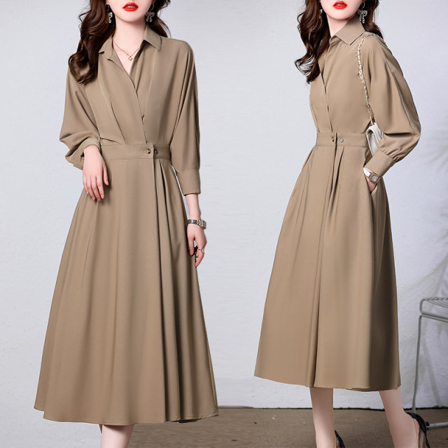 Spring and autumn long-sleeved shirt dress women's 2023 new celebrity temperament waist slimming high-end chic chic long skirt