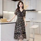 Ретро кружевное шифоновое летнее платье, приталенная юбка, кружевное платье, в западном стиле