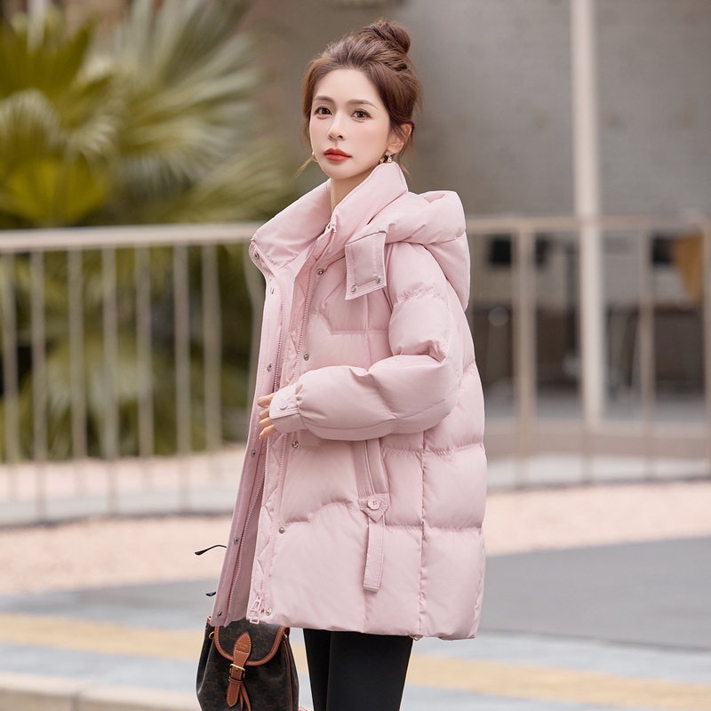 Trendy and Sweet Pink Mid-Length down Jacket for Women, 2025 Winter New Style, Hooded, Thickened, Warm White Duck down Coat