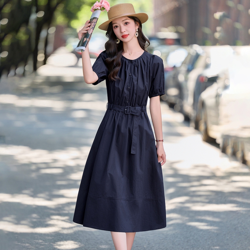 Navy Blue Elegant Pure Cotton Dress for Women 2026 New Style Waist-Cinching Slimming Casual Versatile Shirt Dress