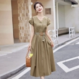 Рубашка, платье, летний приталенный корсет, юбка, французский стиль, V-образный вырез, рукава фонарики