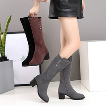 Autumn-winter genuine leather coarse heel rider boots with 100 hitch midtube woman boots frosted leather high cylinder boots soft-bottom plus suede cotton boots