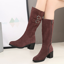 Coarse heel midbarrel boot woman 2021 autumn winter genuine leather 100 lap high cylinder woman boot frosted leather with Martin boots gush cotton boot