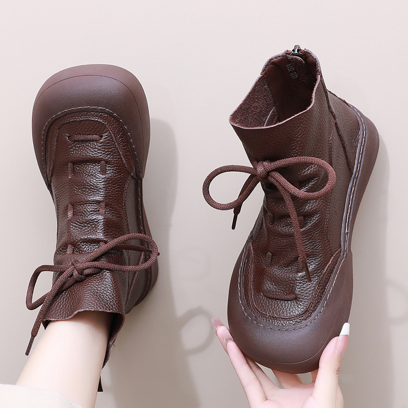 Genuine Leather Soft-Soled Martin Boots 2026 Spring and Autumn Casual Flat Women's Boots for Wide Feet, Short Boots with Rubber Sole and Lace-Up Single Boots