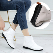 2022 Spring Autumn Genuine Leather Flat Bottom Short Boots Casual Flat Heel White Women Boots Big Code 41 One 43 Rear Zip Soft Bottom Single Boot