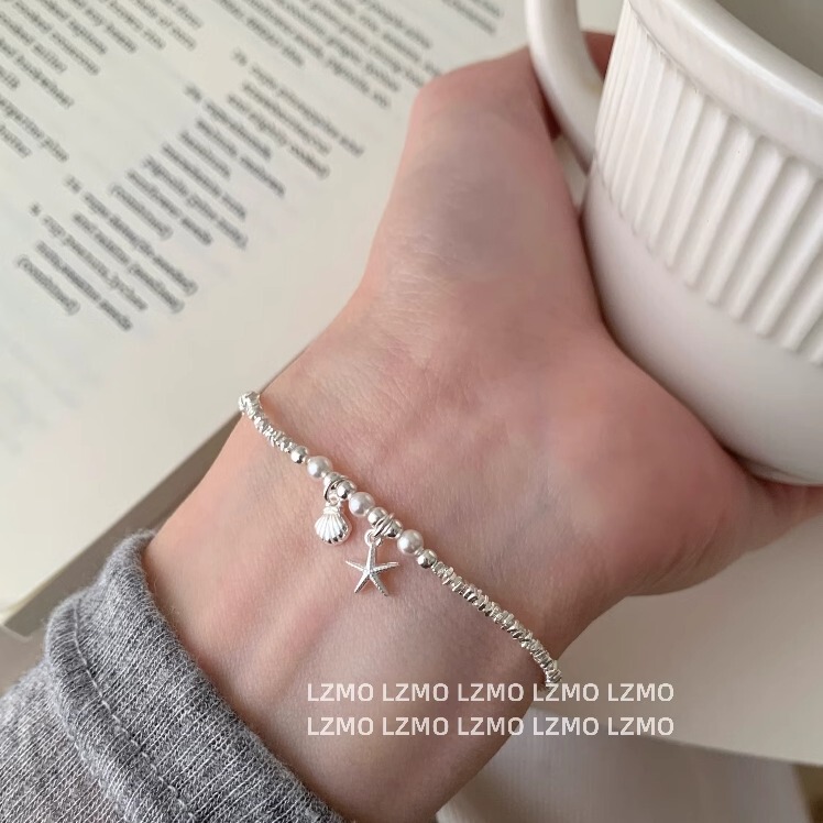 Lzmo Summer Ocean｜S925 Sterling Silver Starfish Shell Pearl Fragment Silver Bracelet for Women, Niche Elastic Cord Style