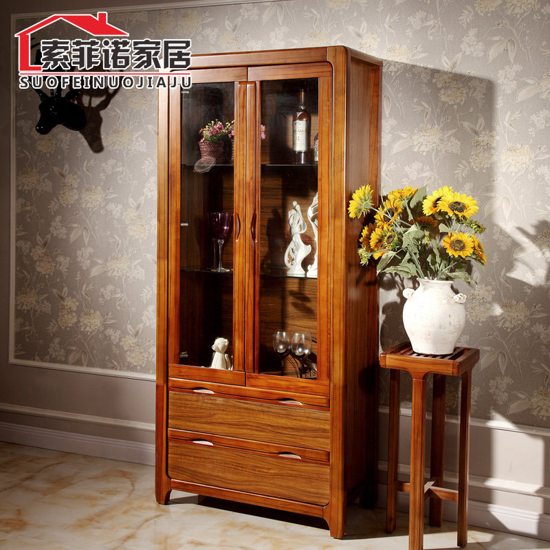 New Chinese Wine Cabinet Modern Rubber Wood Living Room Glass Wine Cabinet Solid Wood Two 2 Double Doors Wine Cabinet Ujin Wood Color Furniture
