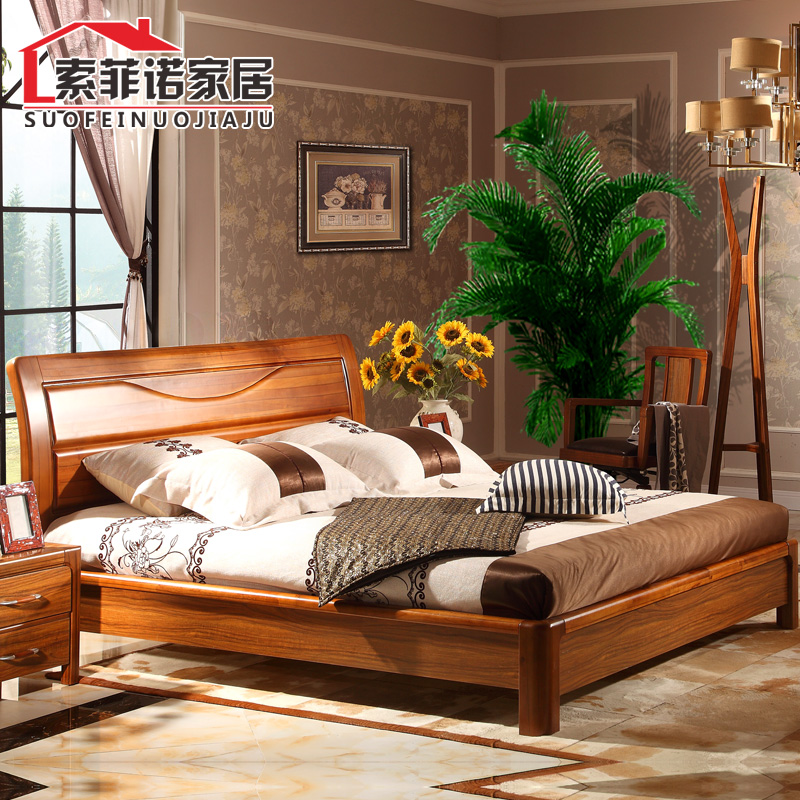 Chinese solid wood double bed 1 5m 1 8 m wedding bed Ukim wood color minimalist modern bedroom kit innate