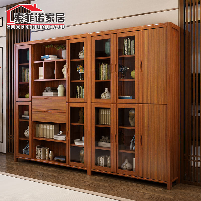 Chinese solid wood bookcase urkin wood color modern Chinese three door desk portfolio bookcase suite of book house furniture