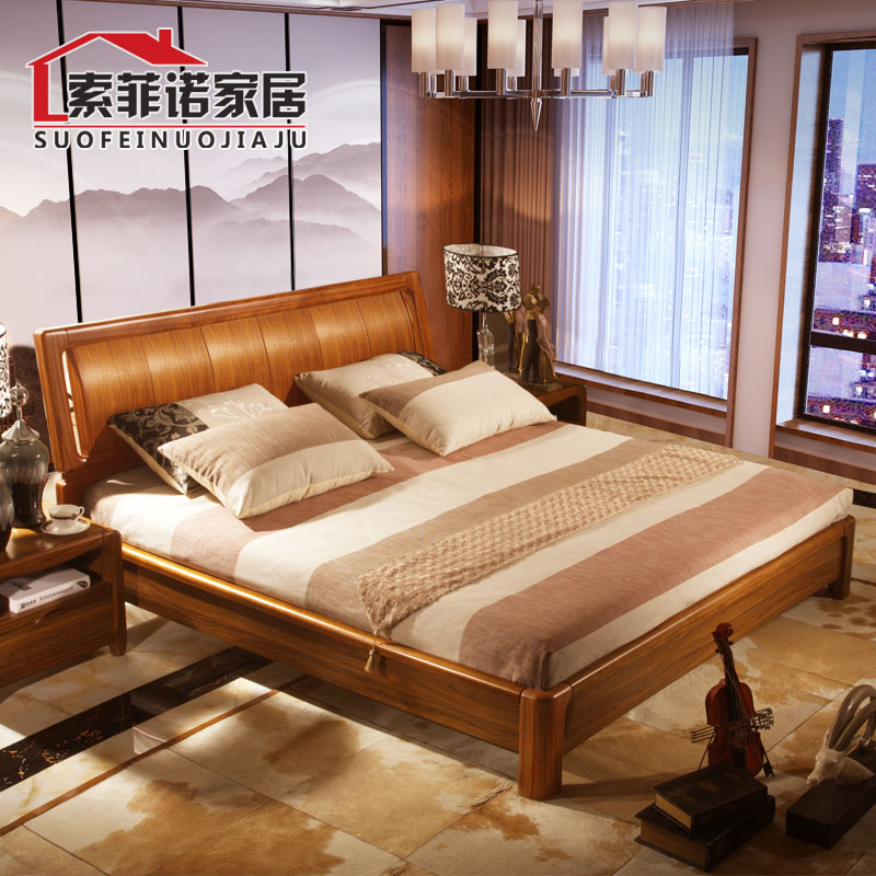 New Chinese solid wood double 2 person bed modern simple 1 5 meters 18 m wedding bed bedroom complete set furniture big bed custom