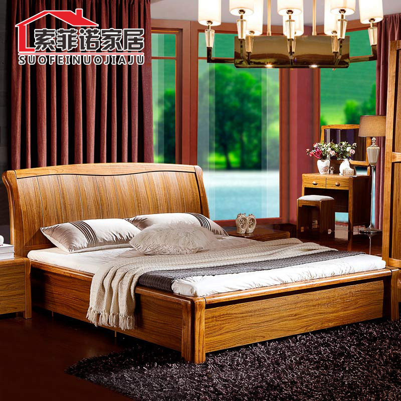 New Chinese style solid wood bed furniture 1 5 1 8 meters wedding bed storage high box bed rubber wood double bed custom