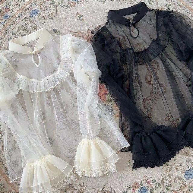 Lolita Shirt, Sheer Lolita Soft Gauze Summer Lightweight Long-Sleeved Top, Lace Mesh Inner Layer Base Shirt Lolita Shirt, Sheer Lolita Soft Gauze Summer Lightweight Long-Sleeved Top, Lace Mesh Inner Layer Base Shirt