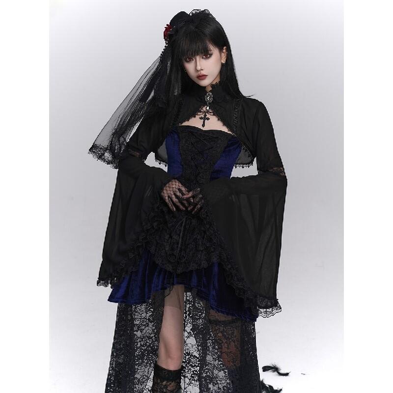 Gothic Style Sheer Inner Layer Cosplay Women's Black Lace Cape Long-Sleeve Lolita Jacket Dark Style Sheer Shawl