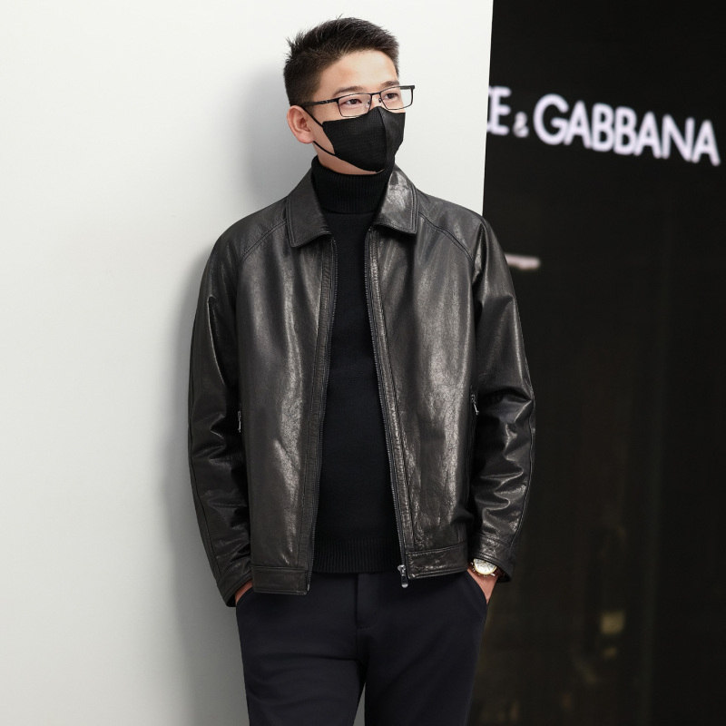 Haining Genuine Leather Jacket for Men, Short Style with a Turn-Down Collar, Made of Top-Grain Cowhide with Removable Goose down Liner and Raglan Sleeves