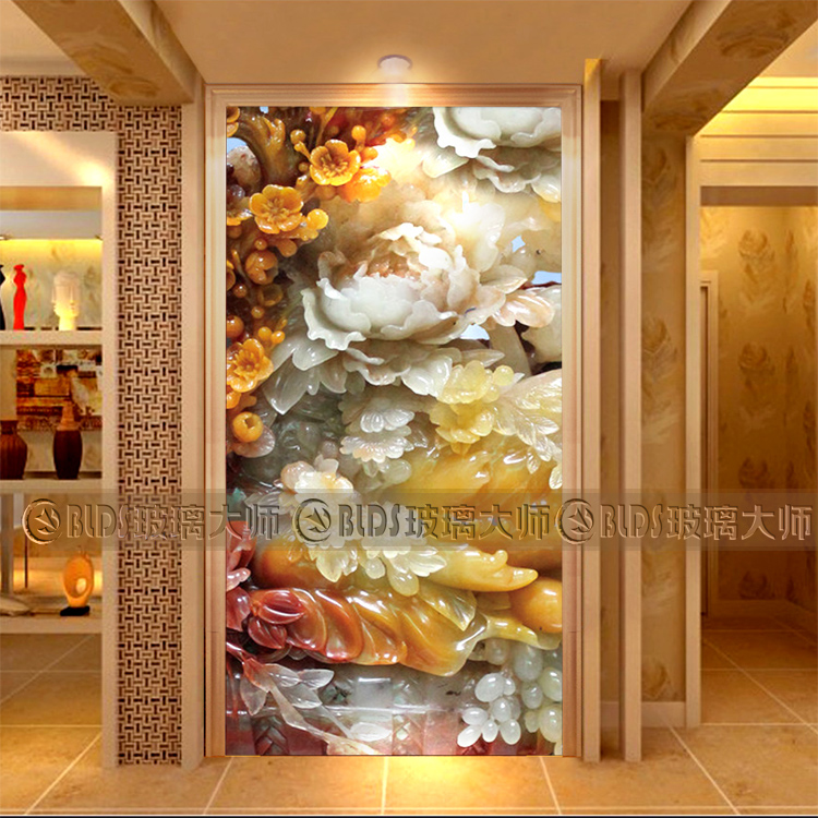 Guangzhou 3D three-dimensional art glass carving craft screen porch partition TV background wall imitation jade carving flowers