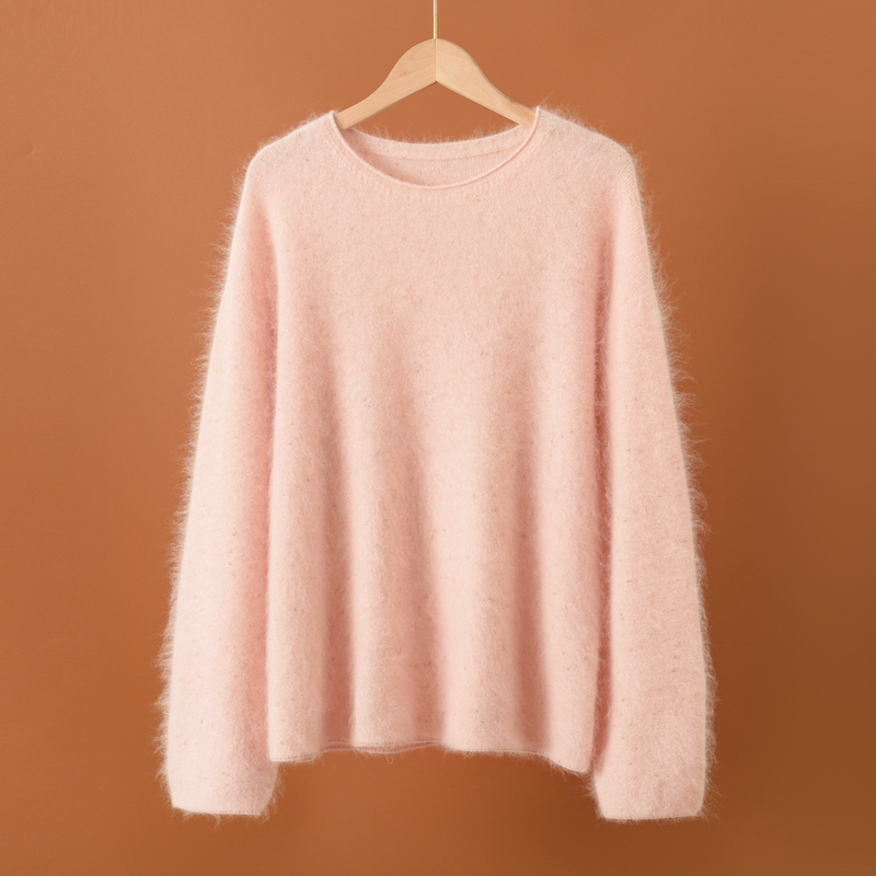 Lazy Style Autumn and Winter Wool Brushed Sweater for Women with Gold Bean Rolled Edges, Round Neck Pullover, Loose and Versatile Long-Sleeved Knitwear
