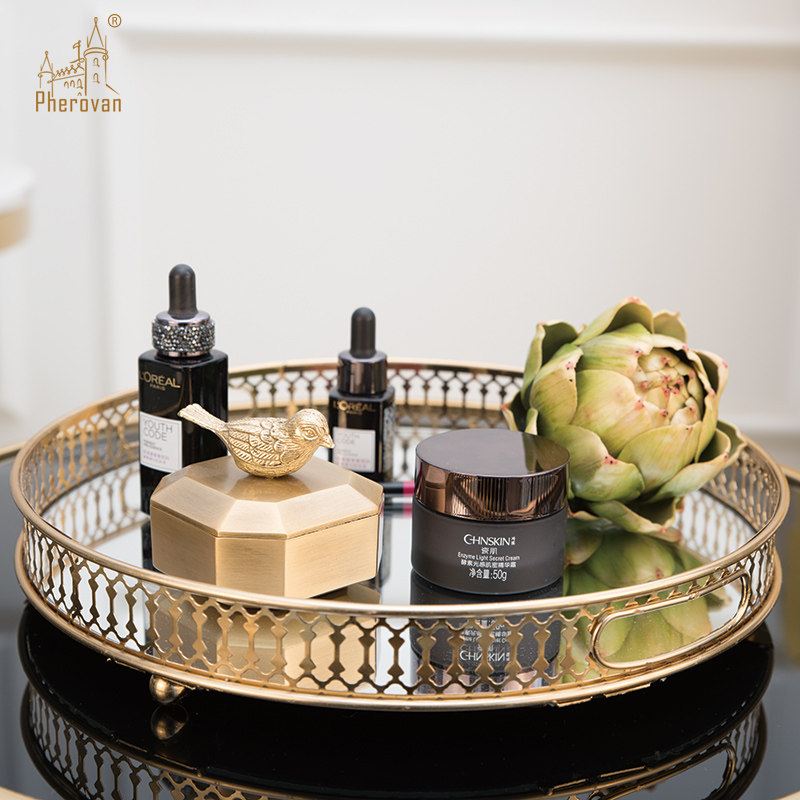 European simple mirror metal coffee table tray hollow gold edge decorative plate jewelry plate gold round living room ornaments