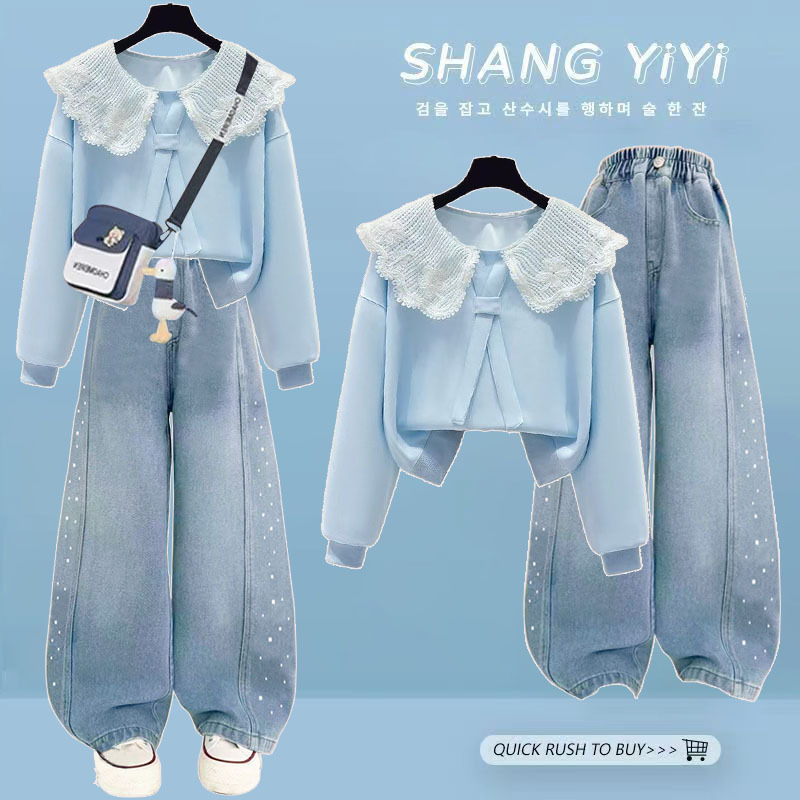 Spring and Autumn Outfits for Female Students and Older Children: 2026 New Style Doll Collar Sweatshirt + Stylish Rhinestone Jeans Set