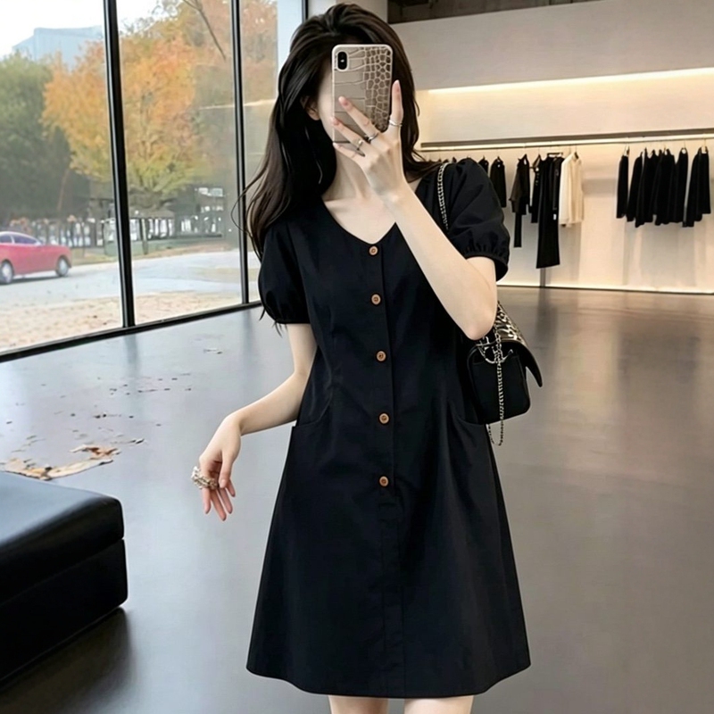 Plus-Size Simple V-Neck Hepburn-Style Little Black Dress for Women in Summer, Slimming Waist, Sweet Puff Sleeves, A-Line Dress Plus-Size Simple V-Neck Hepburn-Style Little Black Dress for Women in Summer, Slimming Waist, Sweet Puff Sleeves, A-Line Dress