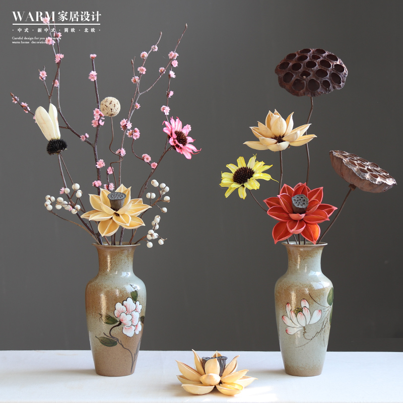 New Chinese small vase swing piece dried flower ceramic living room retro hand-painted flower arrangement desktop Tea path accessories floral decoration