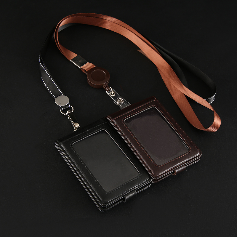 ID badge Badge card Work card card cover ID card cover Multi-function with lanyard Leather folding multi-card position