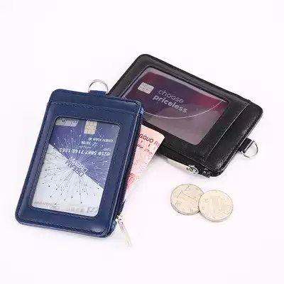 Work permit leather card cover work card set lanyard telescopic buckle bus access control student school card leather case customization