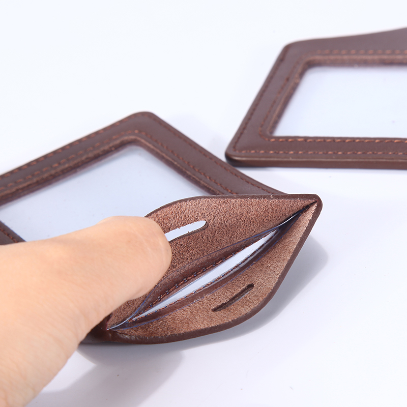 Double sided transparent genuine leather Working documents Card Sleeve Factory Card Employee Documents Chest Card Chest sleeve with hanging rope Custom Dingding