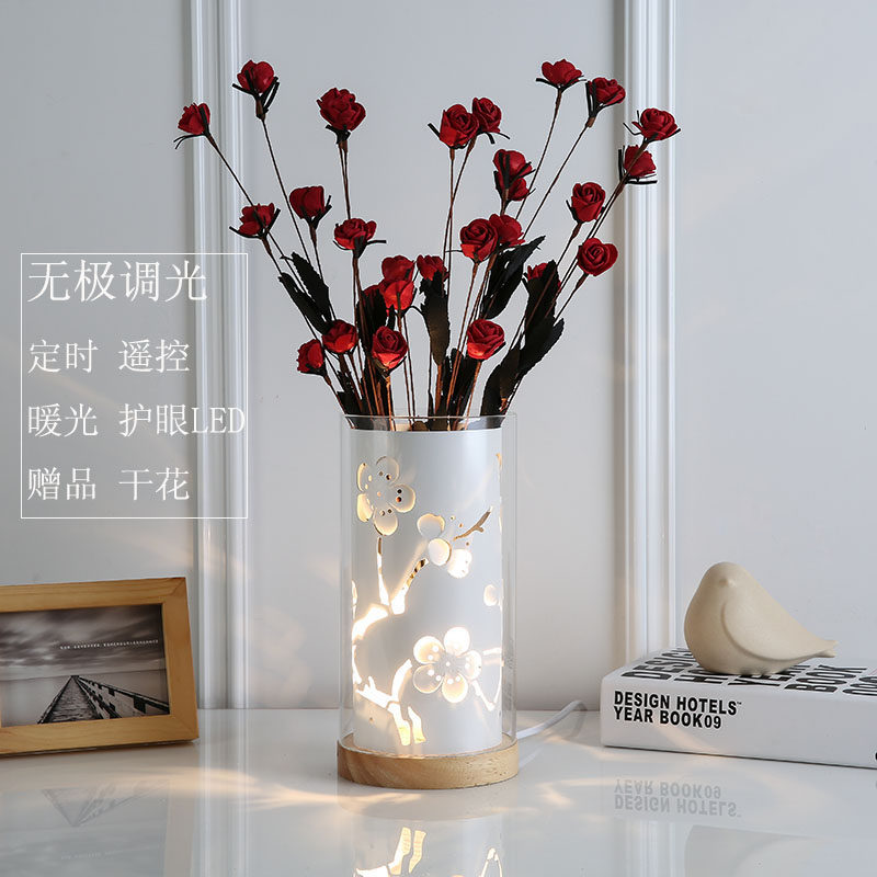 Creative minimal hollow decoration romantic bedroom bed tops wedding room remote control dimming table lamp bedroom in girl