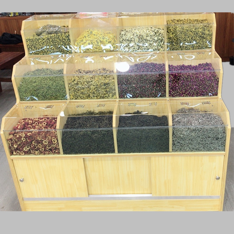 Supermarket rice bucket rice cabinet Whole grain display cabinet Dried fruit display rack Bulk container candy cabinet Wooden rice pile head