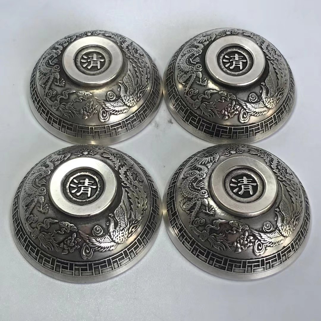 Retro White Bronze Silver Plated Dragon Phoenix Bowls Foru Shouxi Bowl set of silver-coated hexagonal Best Bowl Crafts Gift Hem
