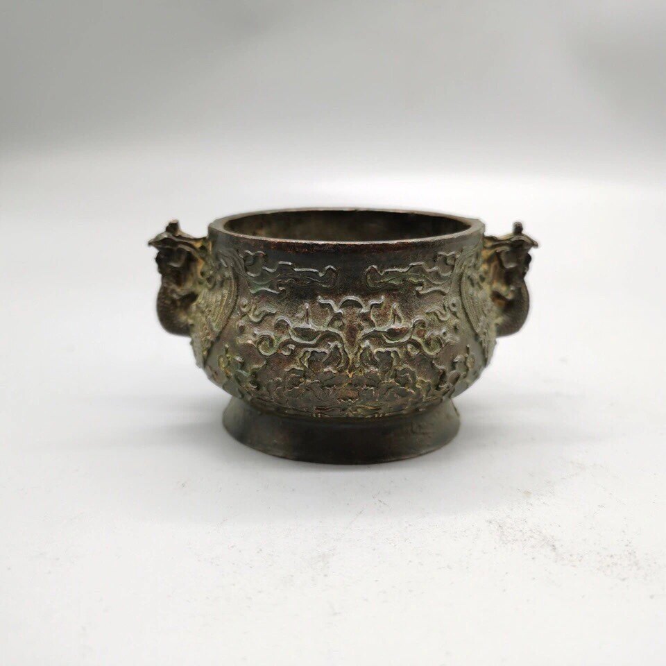 珍品 中国古玩 時代 大明宣徳 古銅三足香炉 猿 盛上葡萄 香櫨 1486g