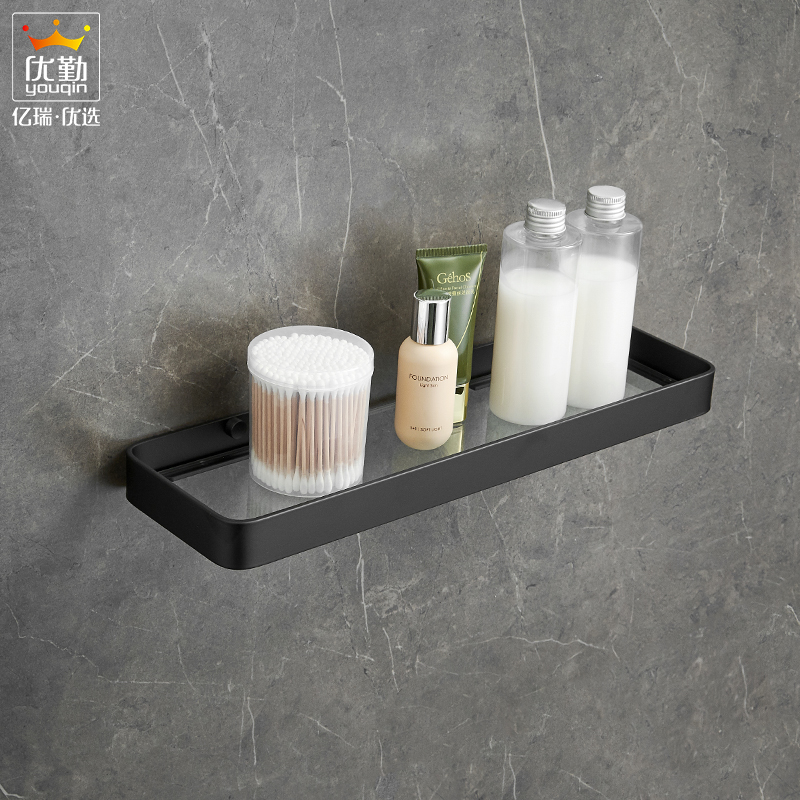 Black glass rack bathroom shelf non-perforated shower shower shower shower room toilet front rack towel rack
