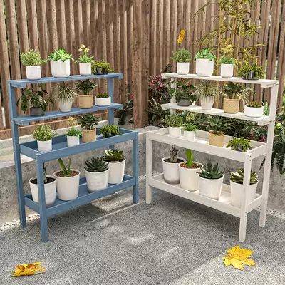 Outdoor anticorrosive wood balcony flower shelf indoor gold GE solid wood fleshy wall shelf outdoor multi-layer floor standing