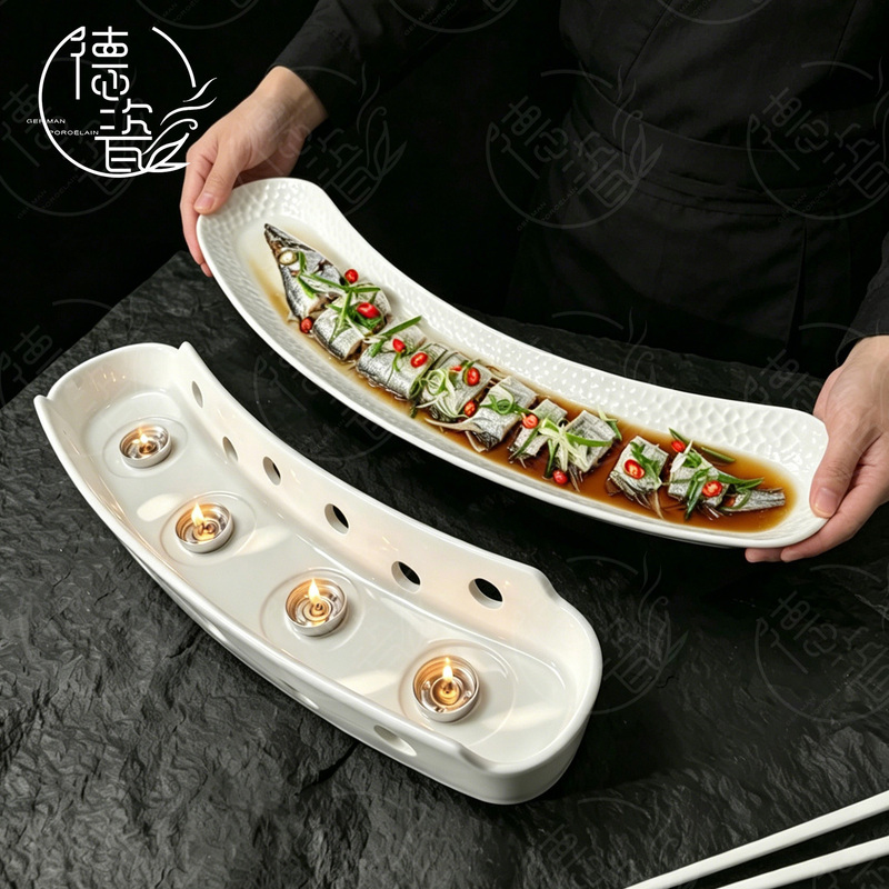 Crescent-Shaped Heated Fish Plate for Commercial Use in Hotels, Long Ceramic Fish Plate with Tealight, Artistic Dinnerware for Private Dining