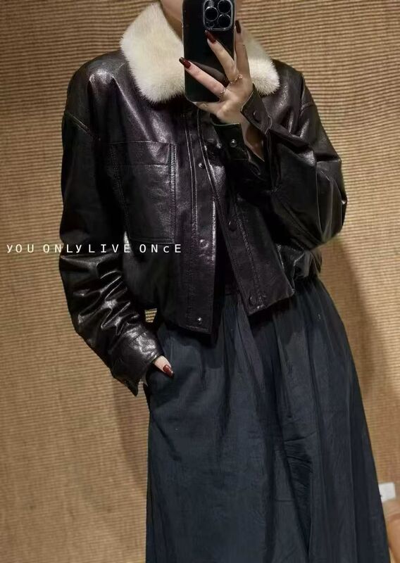 New Autumn and Winter Imported Cold Green Oil Wax First-Layer Sheepskin Leather Jacket with Mink Fur Collar and down Goose down Short Coat