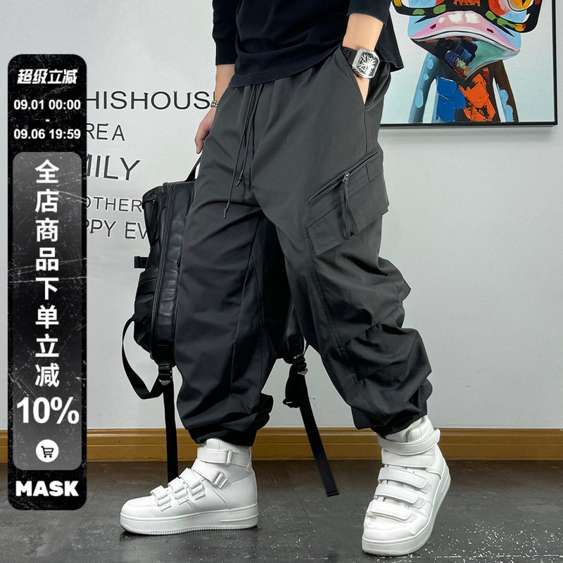 American-Style Loose Drawstring Jogger Casual Pants for Men with Multiple Pockets and Zipper Decoration, Versatile Youth Work Pants for Men, Autumn Style
