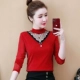 Áo sơ mi đáy cao nửa cổ áo sơ mi nữ thu đông phong cách mới sợi lưới kích thước lớn phong cách phương tây cộng với quần tất nhung dài tay áo thun nữ - Áo sơ mi chiffon ren