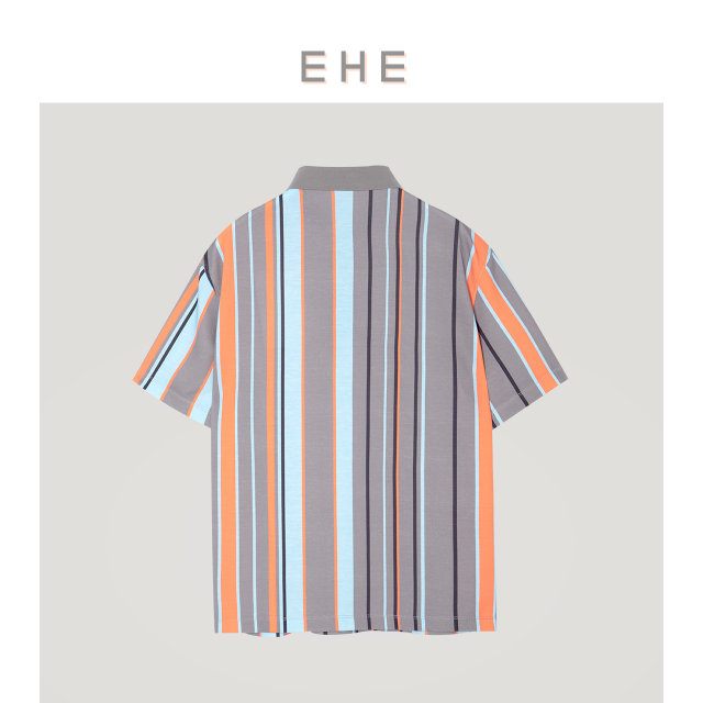 ລະດູຮ້ອນຂອງຜູ້ຊາຍ EHE ສີໃຫມ່ striped street style ຝ້າຍບໍລິສຸດ lapel ເສື້ອທີເຊີດສັ້ນຜູ້ຊາຍເສື້ອໂປໂລ