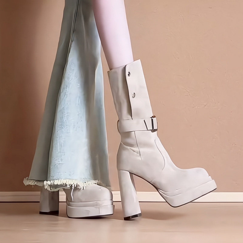 Retro Short Boots for Petite Women with Thick Soles and Chunky Heels, 2025 High-End Suede High-Heeled Boots, Stylish and Slimming Elastic Boots