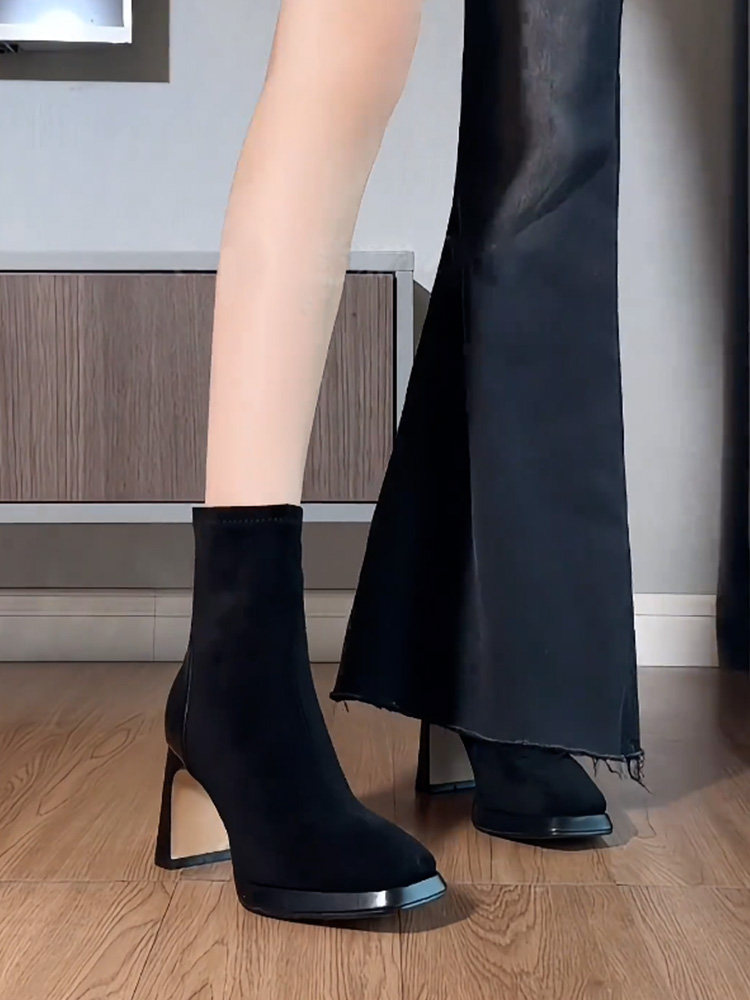 High-End French Style Petite Platform High-Heeled Short Boots for Women, Chunky Heel, 2025 New Square Toe Suede Slim Boots