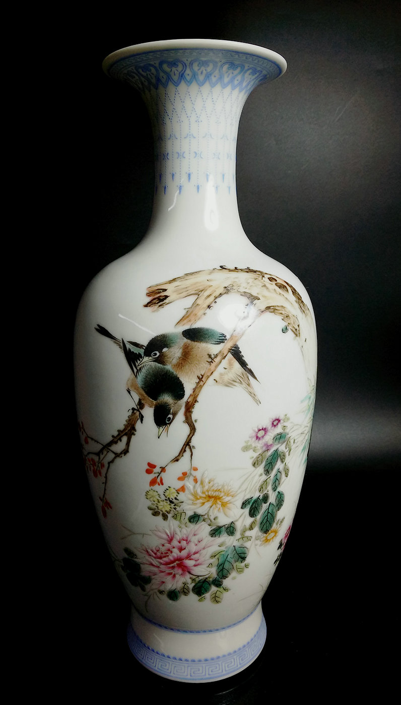 ◎中国美術 粉彩 植物花鳥風景紋 枝頭和鳴・劉雨岑 珠山