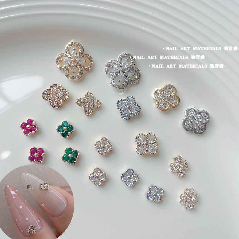 Nail Art Four-Leaf Clover Zircon Vintage Metal Style Buccellati Micro-Inlaid Diamond Light Luxury Colorful Four-Pointed Star Flower Jewelry