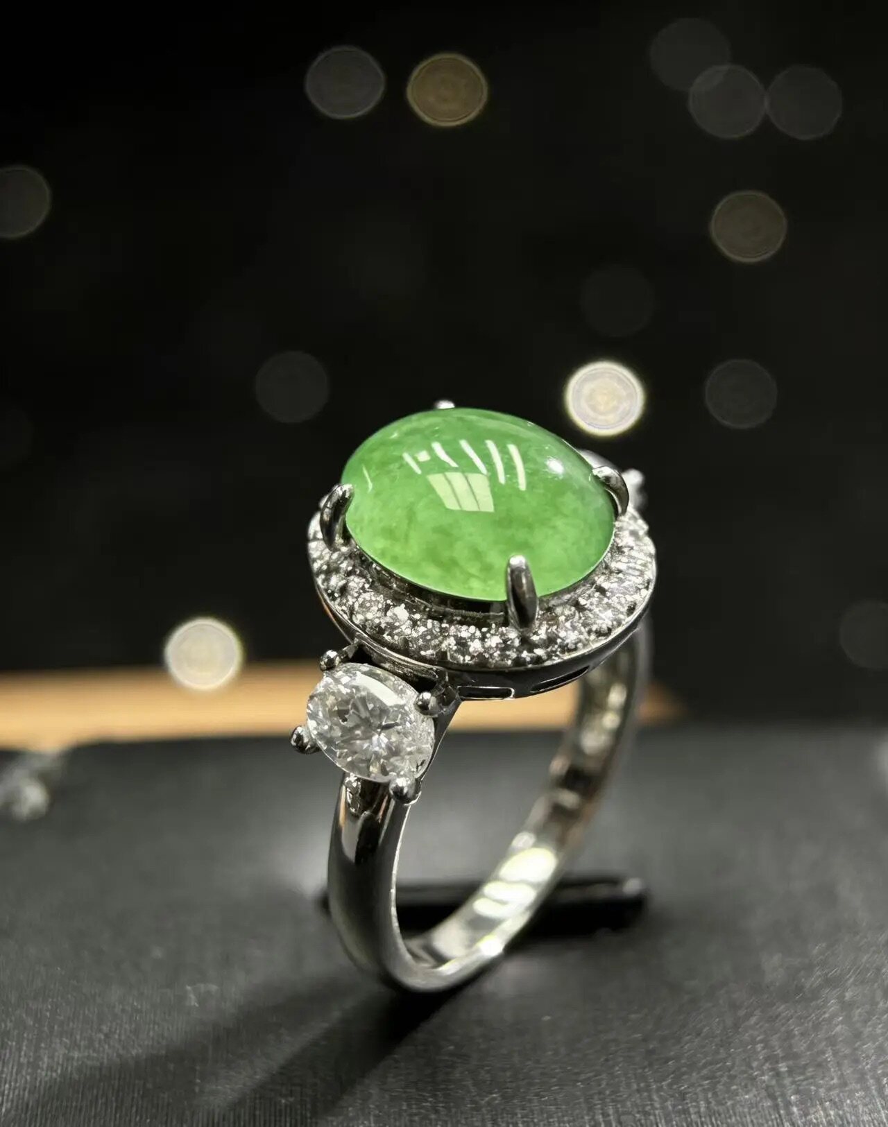 Natural Grade A Jade Full Green Cabochon Ring