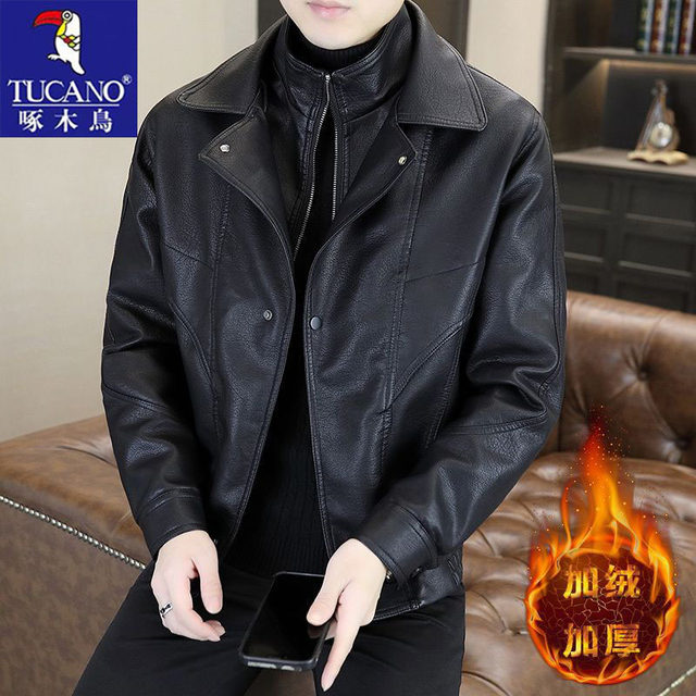 Woodpecker autumn and winter velvet warm leather jacket men's jacket casual fashion trendy brand PU leather jacket men's clothing