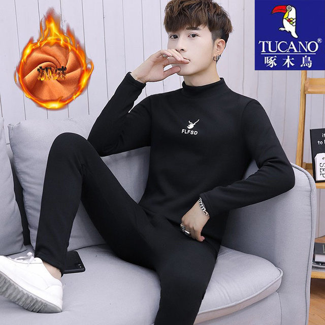 Woodpecker men's new winter velvet thickened autumn clothes and autumn pants half turtleneck youth thermal underwear set